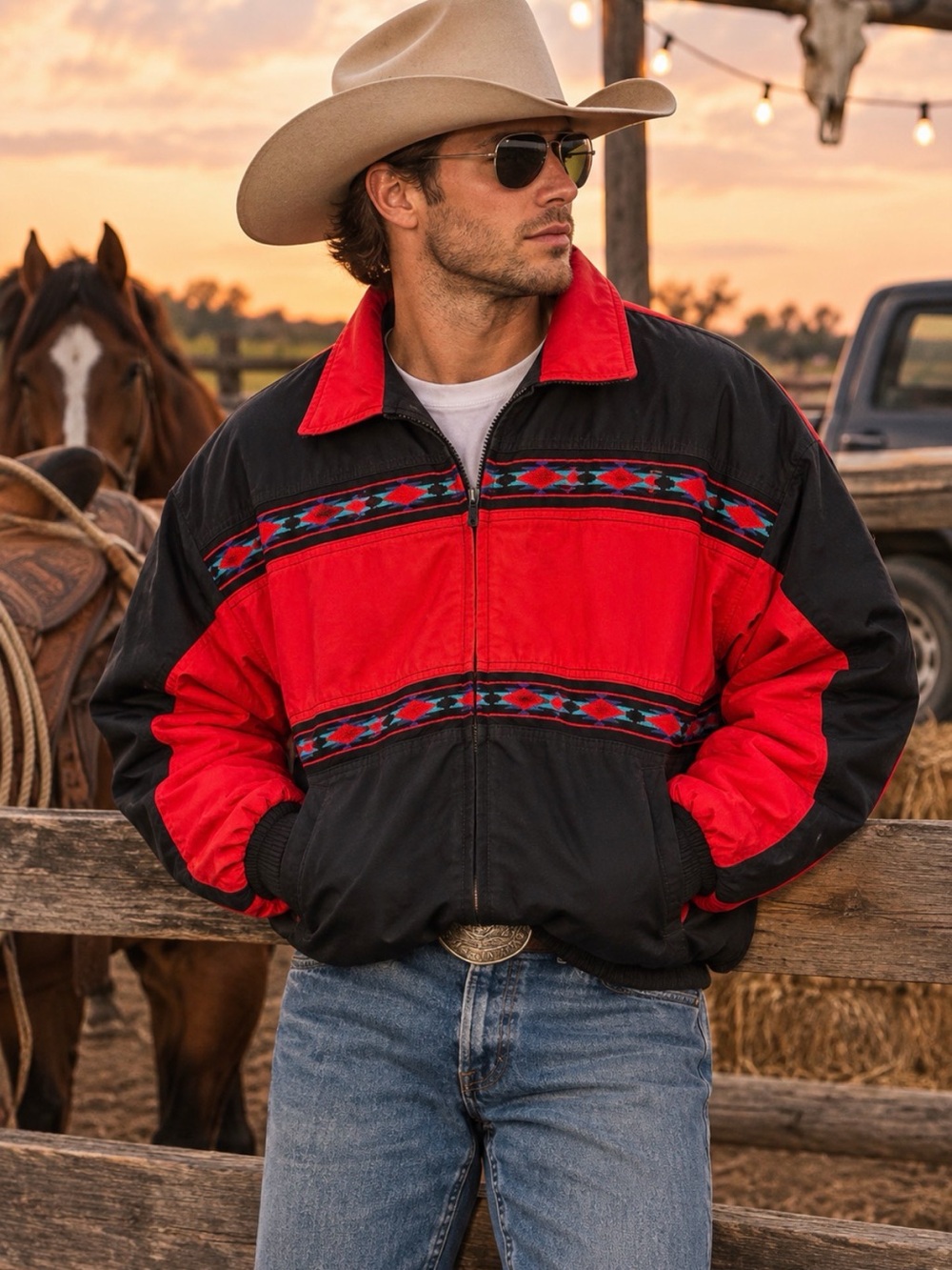 Santa Fe Trail Vintage Red & Black Men's Western Zip-Up Jacket